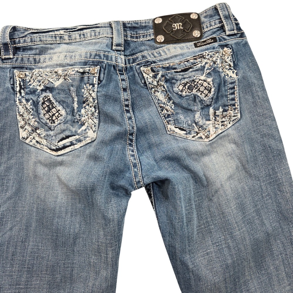 Miss Me Relaxed Bootcut Jeans 32 Blue Medium Wash Distressed Embellished XP8160B